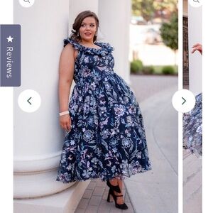 JessaKae Chrissy Navy Sequin Ruffle-Shoulder Midi Dress